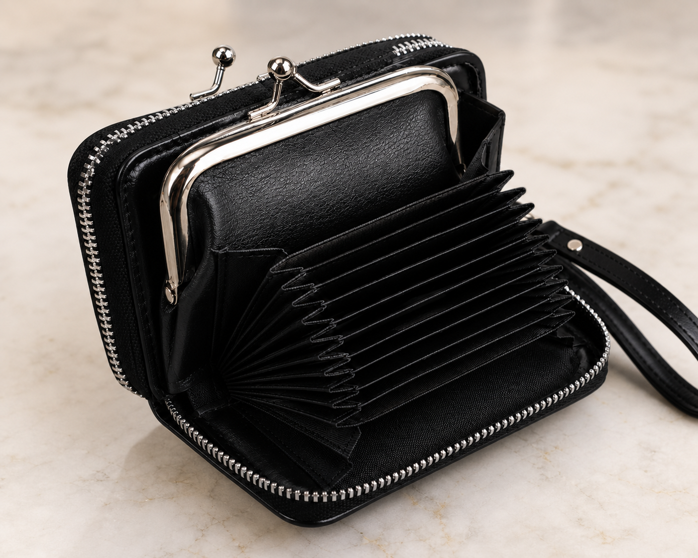 wallet, black wallet, zippered wallet, accordion wallet, compact wallet, women's accessories, everyday essentials, gift idea,Studio7Fashion
