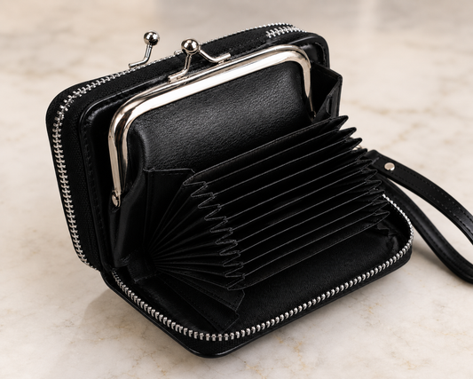 wallet, black wallet, zippered wallet, accordion wallet, compact wallet, women's accessories, everyday essentials, gift idea,Studio7Fashion