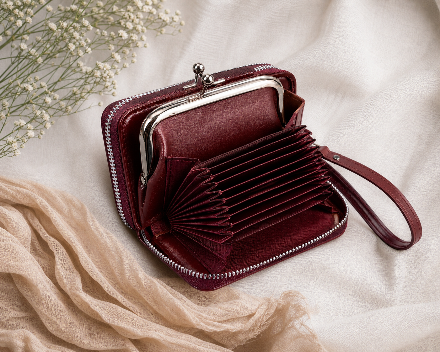 Burgundy Accordion Wallet with Wristlet Strap,Studio7Fashion
