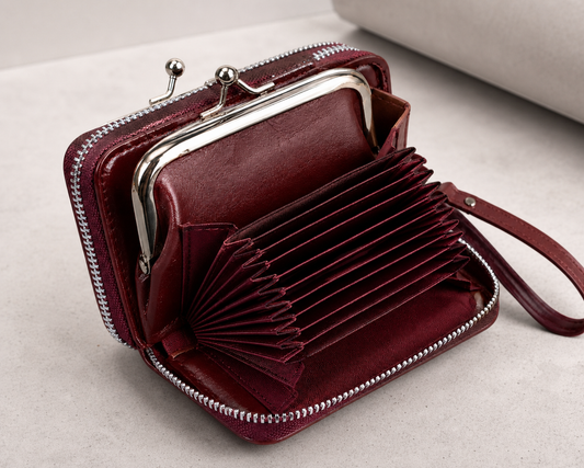 wallet, burgundy wallet, accordion wallet, wristlet wallet, zip-around wallet, card holder, women's accessories, everyday wallet,Studio7Fashion