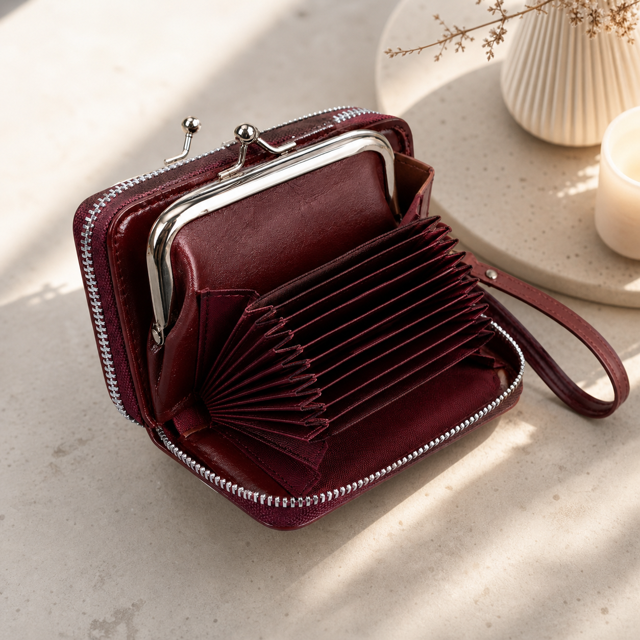 Burgundy Accordion Wallet with Wristlet Strap,Studio7Fashion