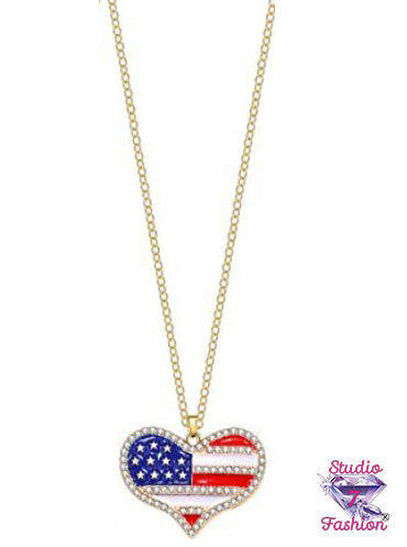 Heart Flag Rhinestone Patriotic Necklace