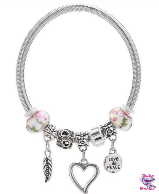Multi-Charm Heart Love Feather Bracelet