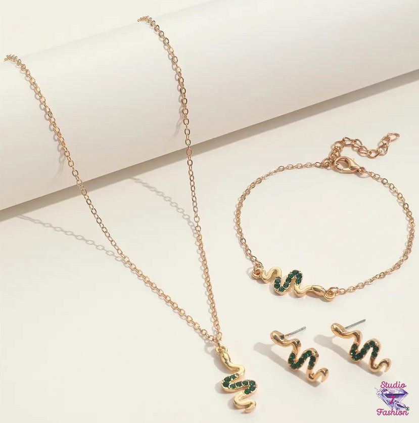 Gold and Emerald Snake Necklace Bracelet Earrings