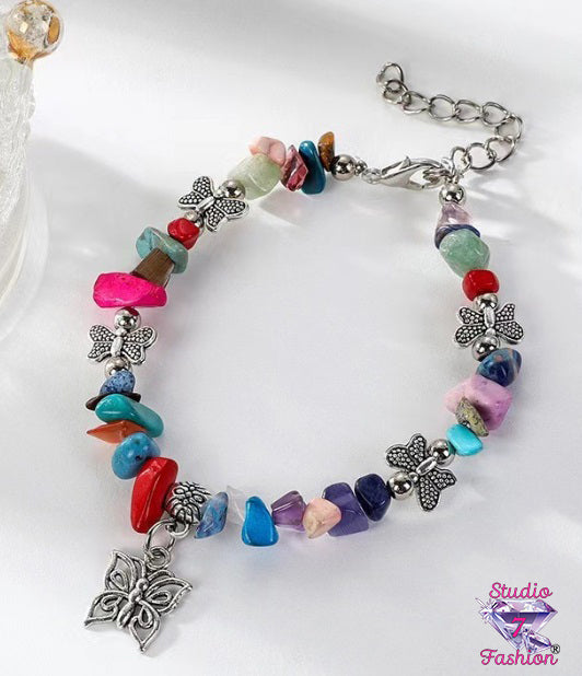 Multicolor Stone Bracelet with Butterflies