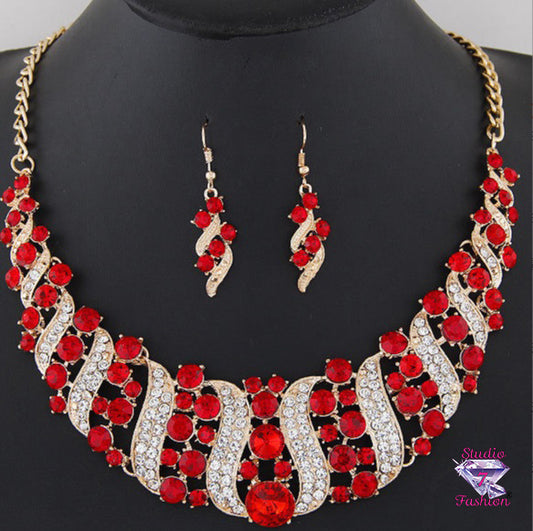 Marvelous Ruby and Gold Statement Necklace & Earrings