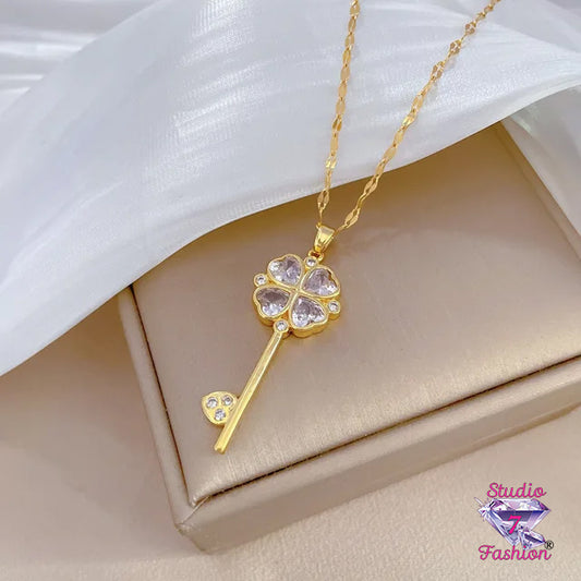 Rhinestone Clover Key Necklace