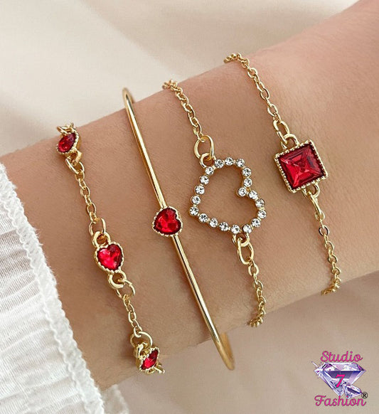 4 Piece Hearts & Ruby Rhinestone Bracelet Set