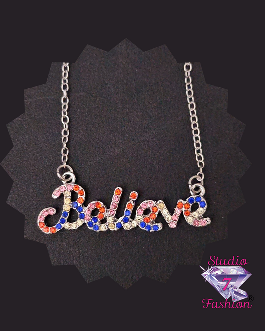 Multi-color Rhinestone Believe Necklace