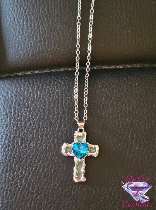 Ocean Blue Heart Cross Necklace