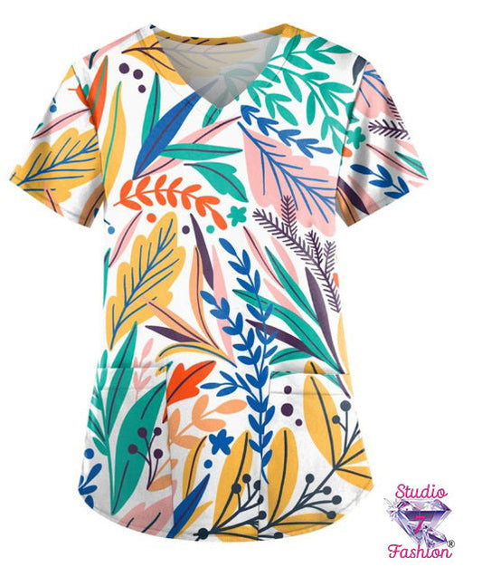 Artistic Foliage Scrub Top