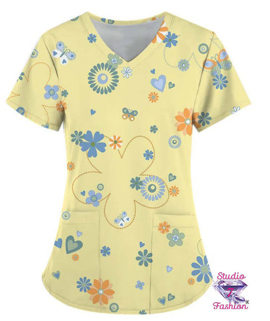 Happy Floral Scrub Top Yellow