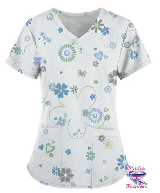 Happy Floral Scrub Top Blue