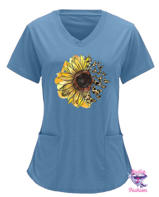 Butterfly Sunflower Scrub Top Blue