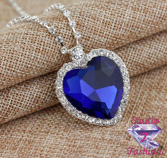 Sapphire Ocean Rhinestone Heart Necklace
