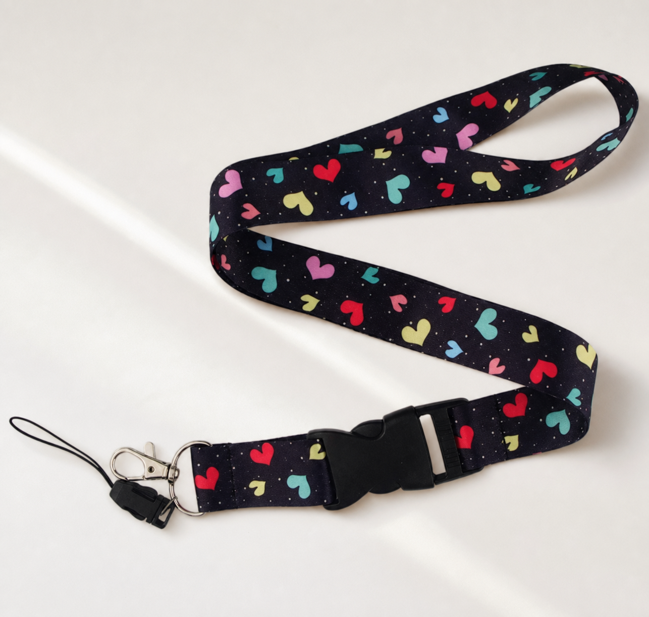 lanyard, heart print lanyard, colorful lanyard, black lanyard, multicolor hearts, badge holder, key holder, everyday accessory, gift idea, Studio7Fashion,Studio7Fashion