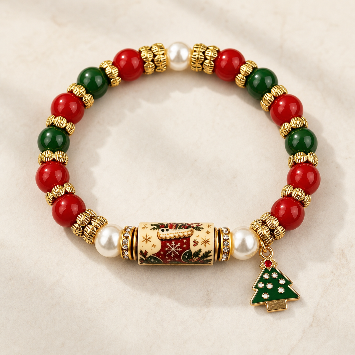 bracelet, Christmas bracelet, beaded bracelet, elastic bracelet, stocking bracelet, Christmas jewelry, holiday jewelry, festive accessory, Christmas gift, red and green jewelry,Studio7Fashion