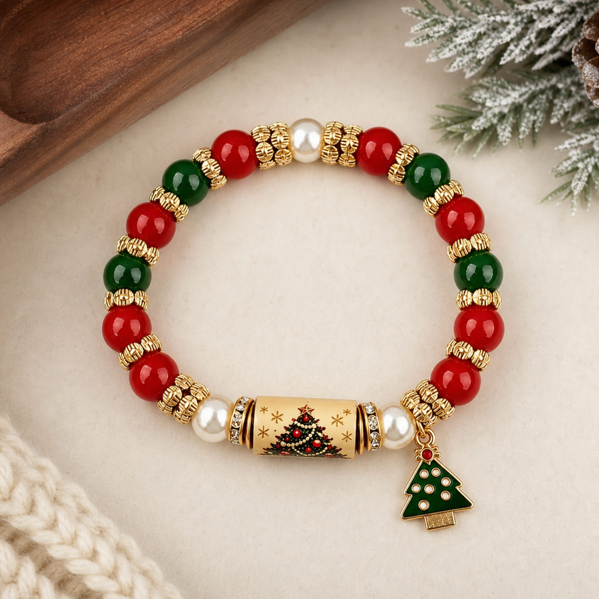 Vintage Christmas Tree Red and Green Beaded Bracelet,Studio7Fashion