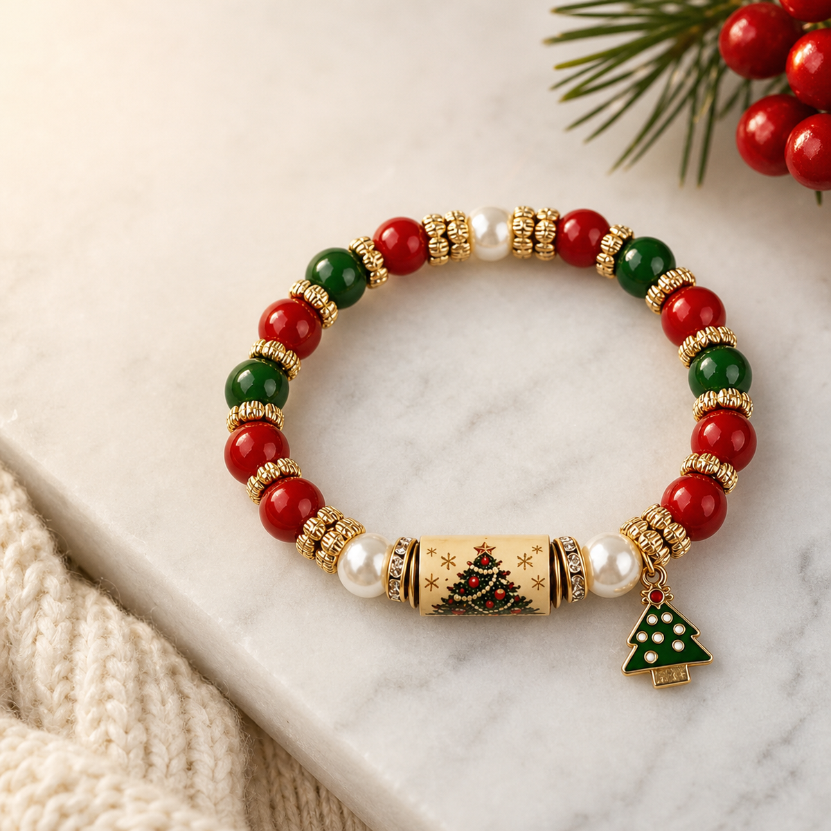 Vintage Christmas Tree Red and Green Beaded Bracelet,Studio7Fashion