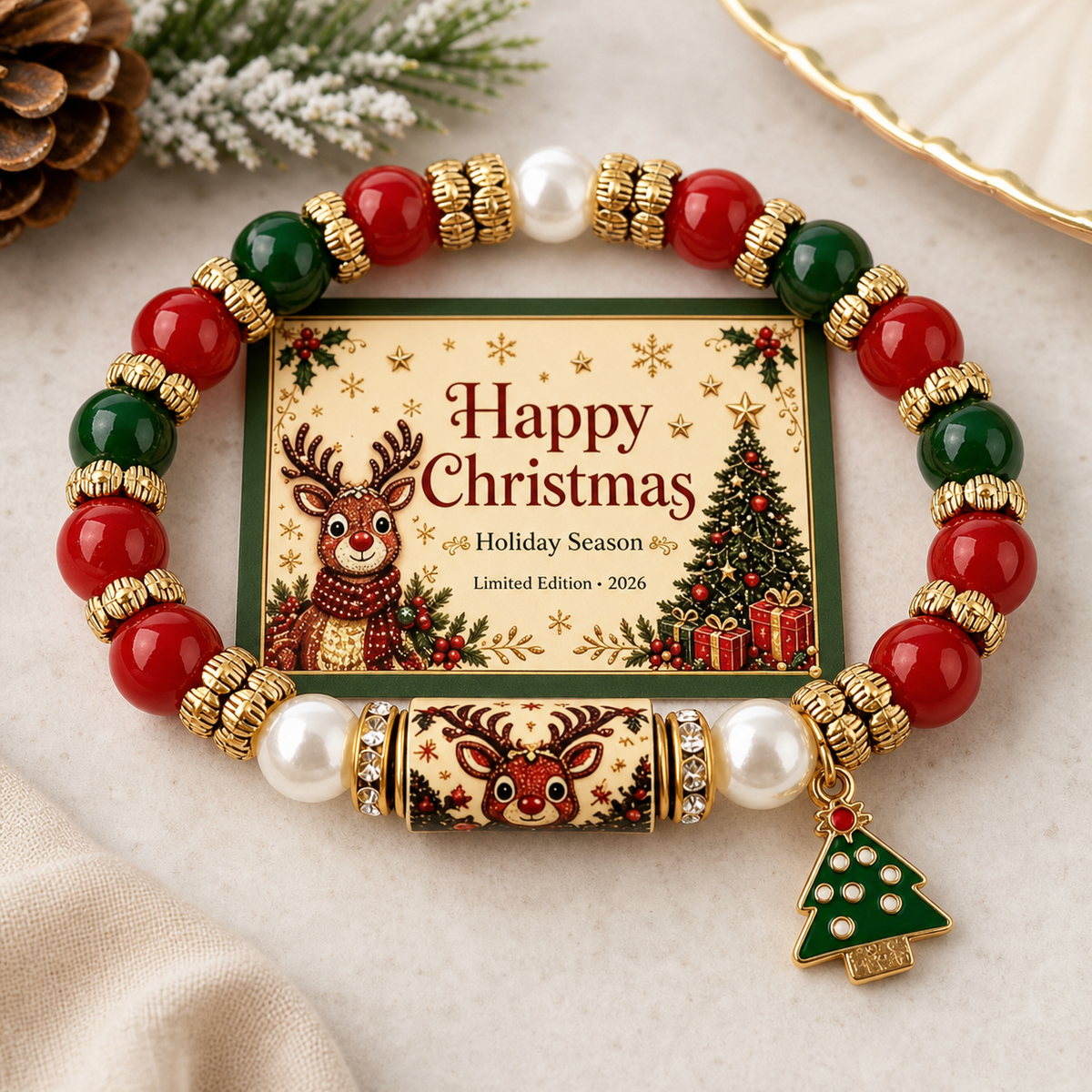 Christmas Rudolph Reindeer Elastic Bracelet with Tree Charm,Studio7Fashion