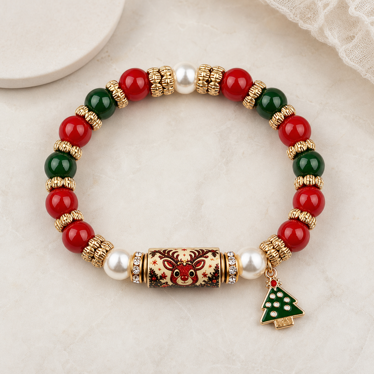 bracelet, Christmas bracelet, Rudolph bracelet, reindeer jewelry, holiday jewelry, elastic bracelet, Christmas gift, festive accessories, red jewelry, green jewelry, white jewelry, Christmas tree charm,Studio7Fashion