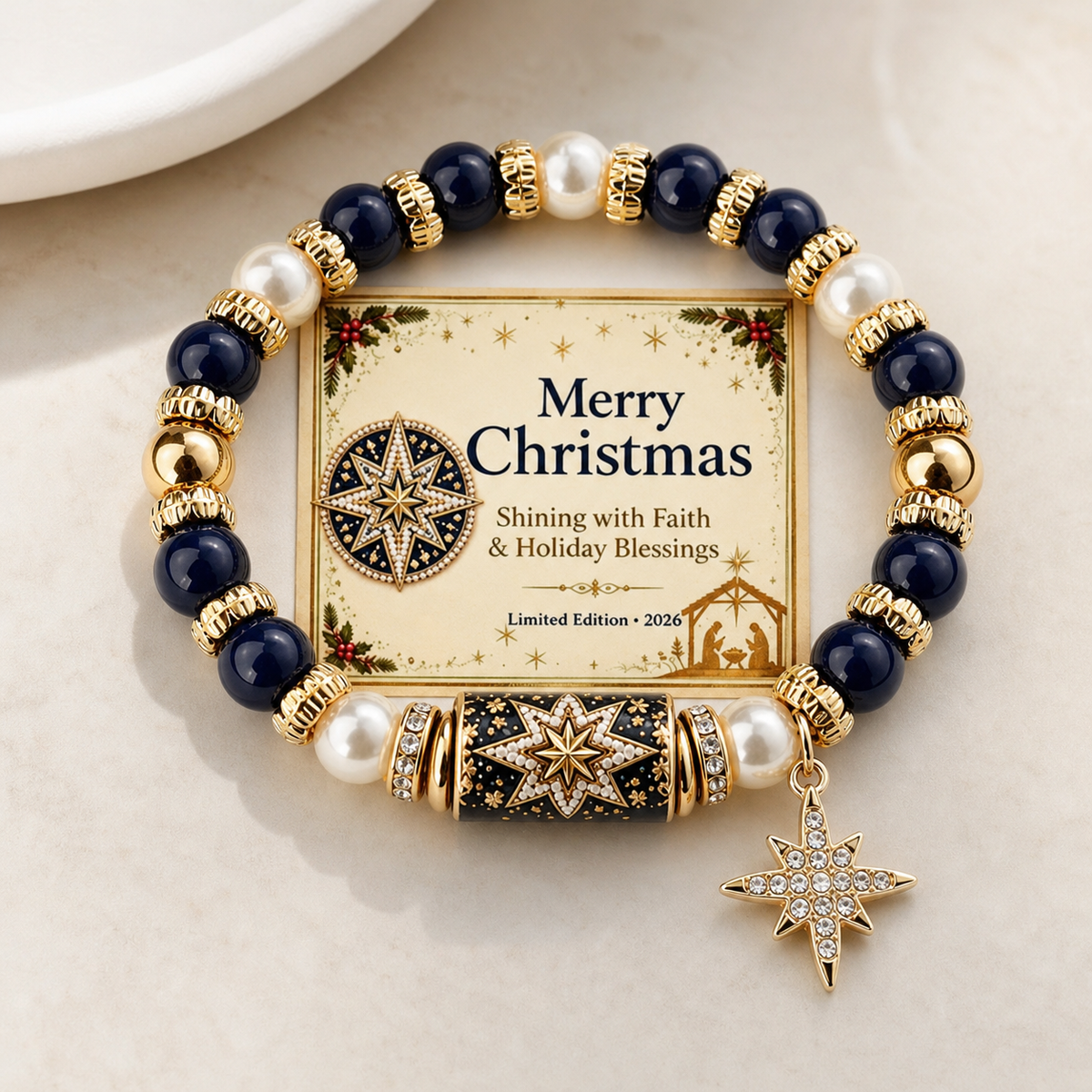 bracelet, Christmas bracelet, faith bracelet, Star of Bethlehem, holiday jewelry, navy blue jewelry, white bead bracelet, gold accent bracelet, church gift, Christmas gift,Studio7Fashion