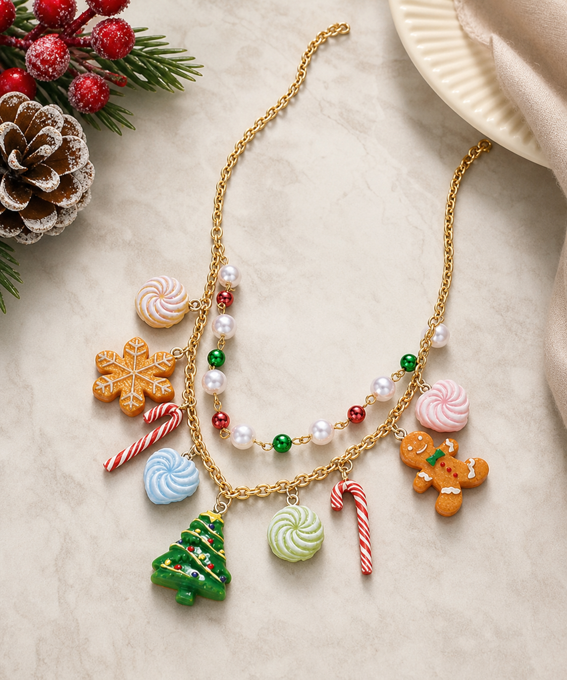 Christmas Charm Necklace with Candy, Tree and Gingerbread Charms,Studio7Fashion