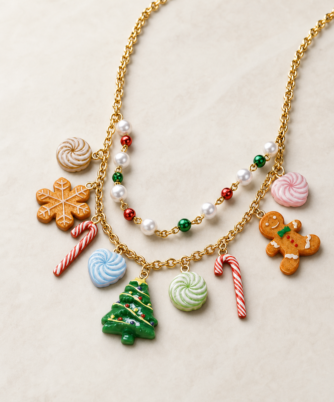 necklace, Christmas necklace, holiday jewelry, Christmas jewelry, charm necklace, festive accessory, candy cane, gingerbread, Christmas tree, gift,Studio7Fashion