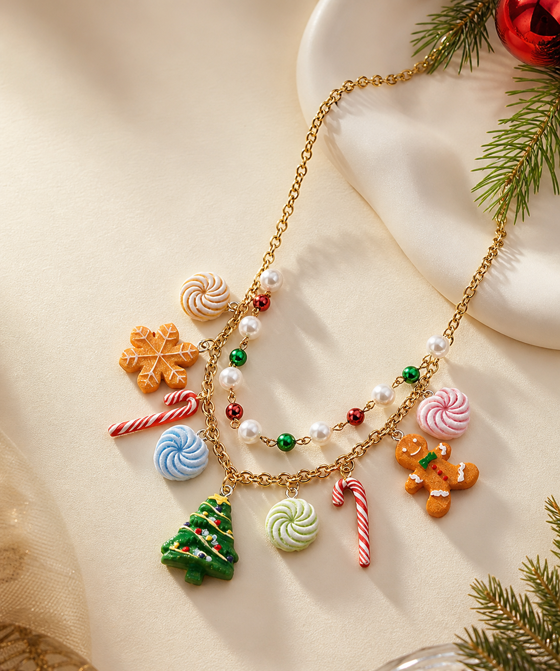 Christmas Charm Necklace with Candy, Tree and Gingerbread Charms,Studio7Fashion
