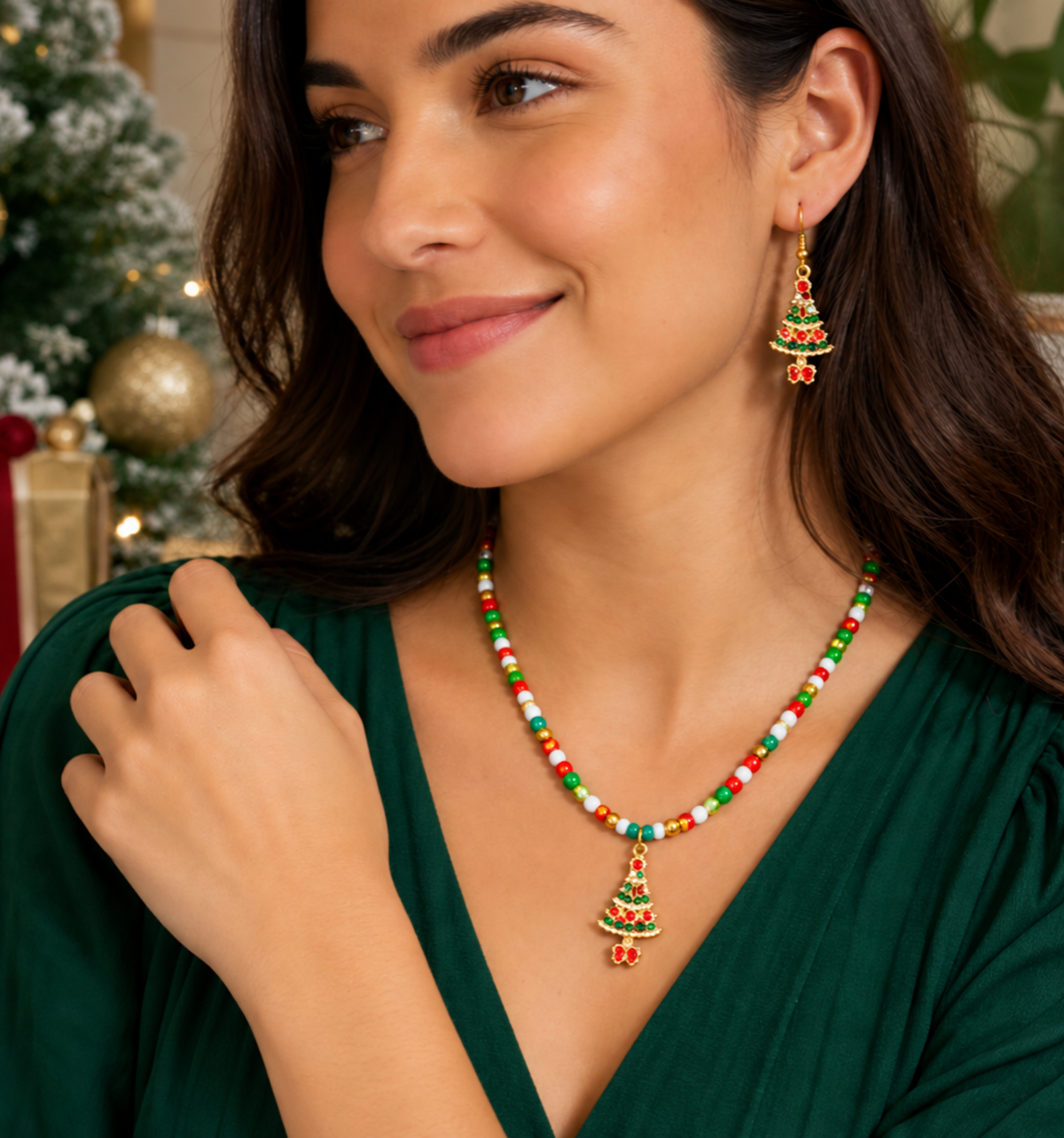 Christmas Tree Necklace and Earrings Jewelry Set