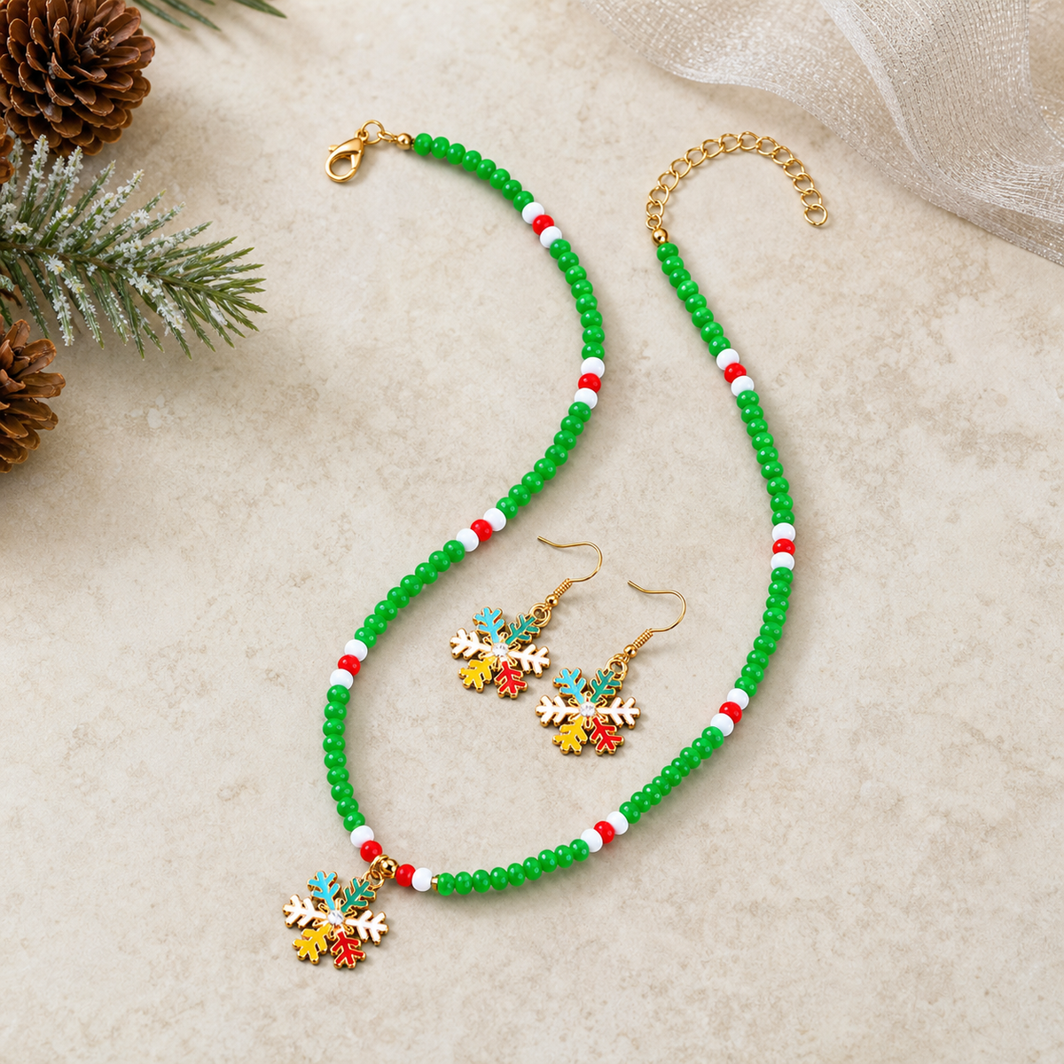 Christmas Snowflake Beaded Necklace and Earrings Jewelry Set,Studio7Fashion