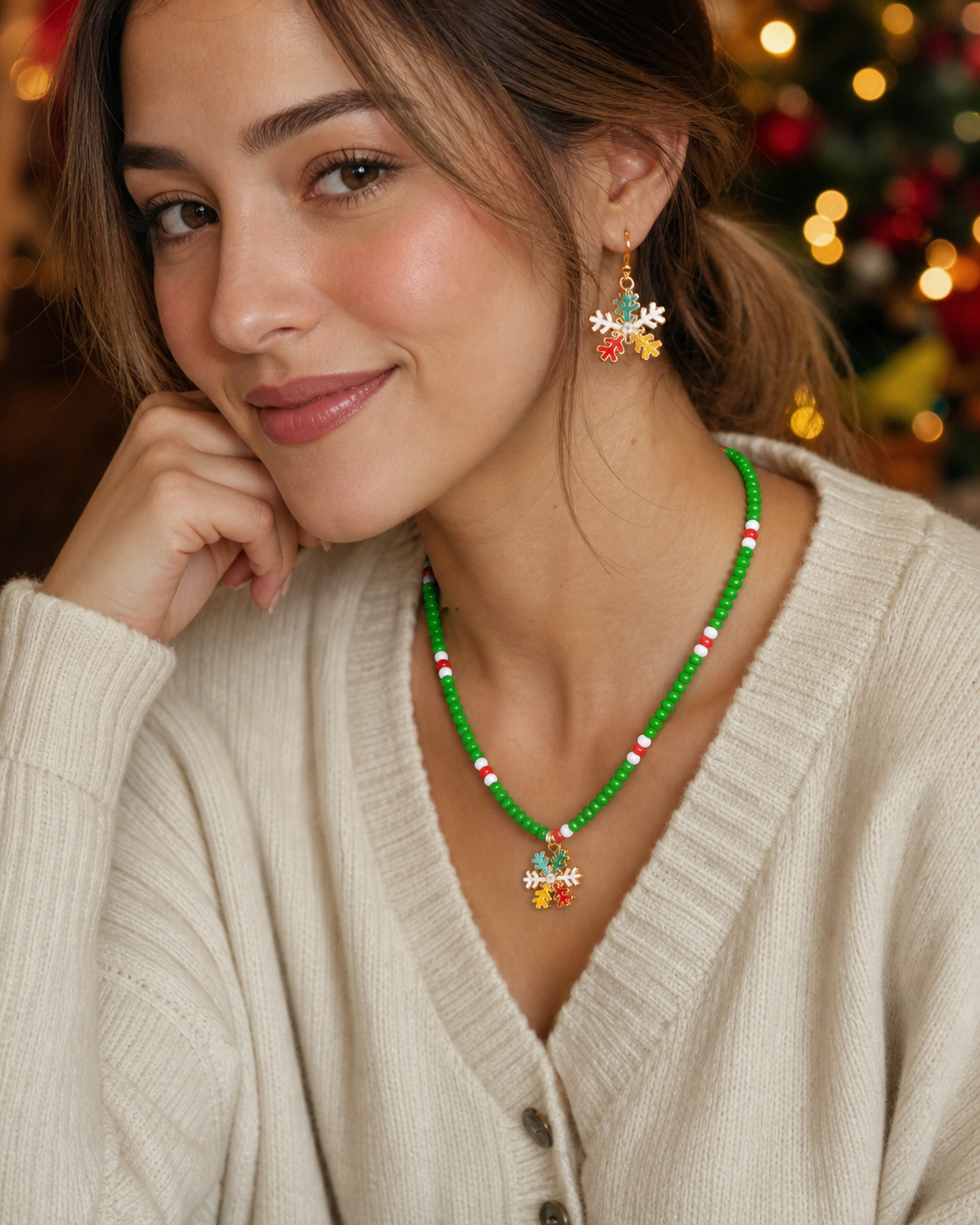 Christmas Snowflake Beaded Necklace and Earring Set,Studio7Fashion