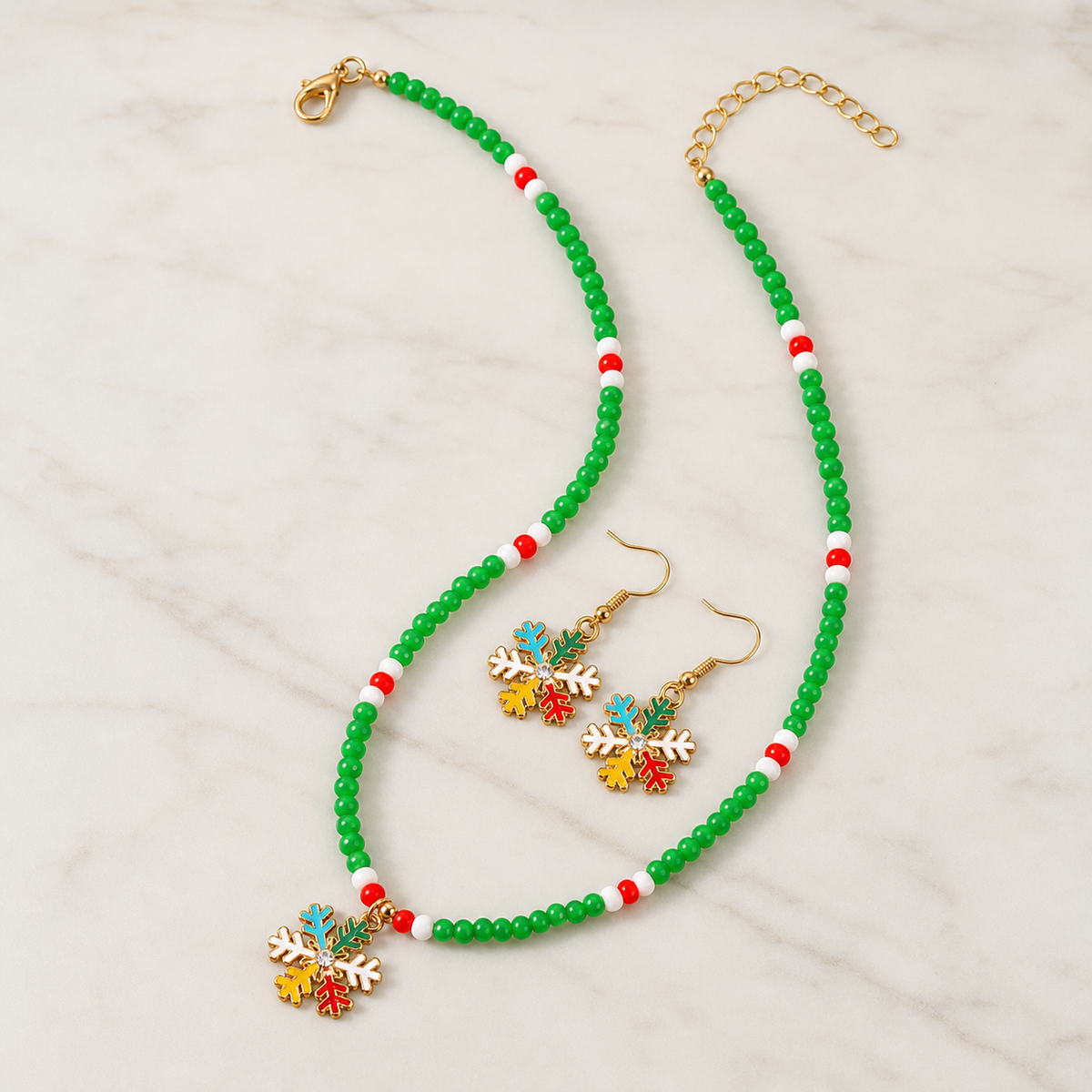 jewelry set, necklace and earrings, Christmas jewelry, snowflake jewelry, beaded necklace, holiday accessories, festive jewelry, Christmas gift, red jewelry, green jewelry, white jewelry,Studio7Fashion