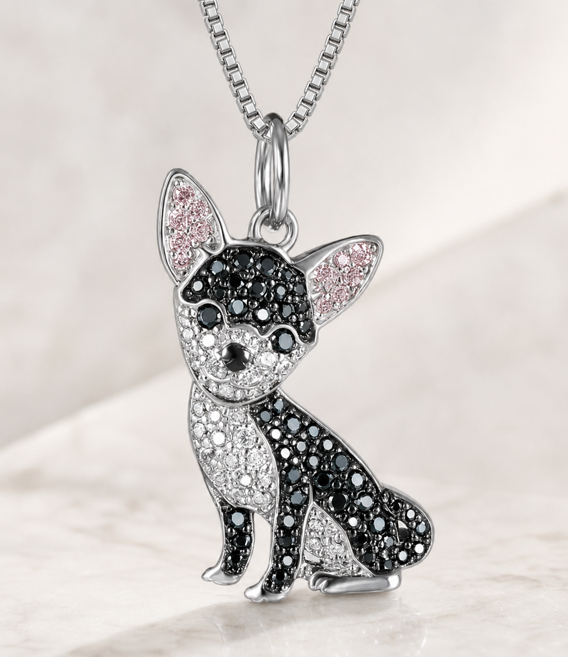 necklace, Chihuahua necklace, dog jewelry, animal pendant, pet lover gift, dog lover gift, silver-tone jewelry, black jewelry, pink accents, everyday wear, gift,Studio7Fashion