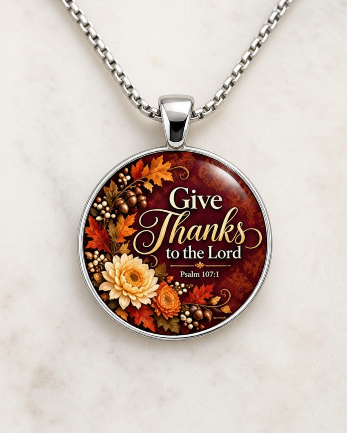 necklace, faith jewelry, Christian necklace, scripture jewelry, floral necklace, Give Thanks to the Lord, Psalms 107:1, church jewelry, gift for her, silver-tone jewelry,Studio7Fashion