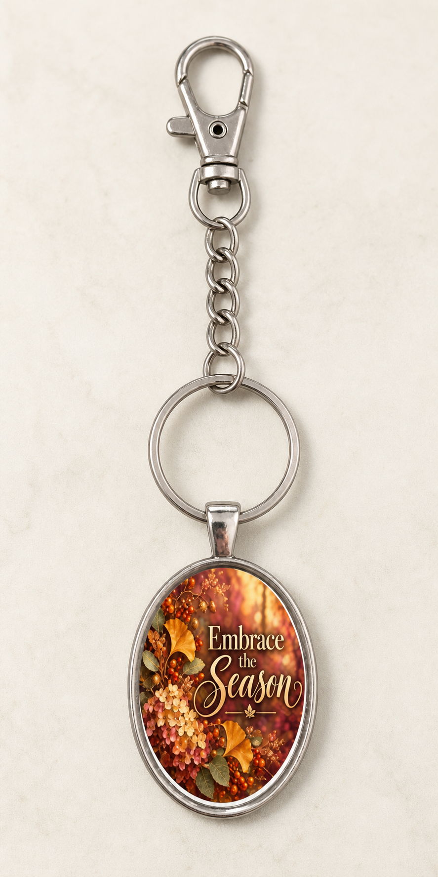 keychain, autumn keychain, fall accessory, floral keychain, seasonal gift, oval keychain, embrace the season, stainless steel keychain, glass cabochon, gift,Studio7Fashion