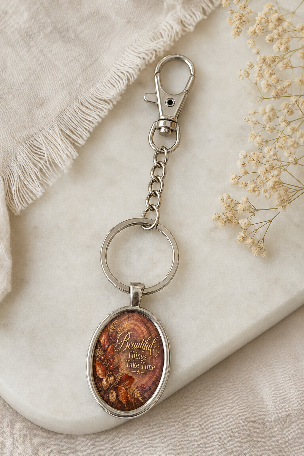 Beautiful Things Take Time Oval Keychain,Studio7Fashion