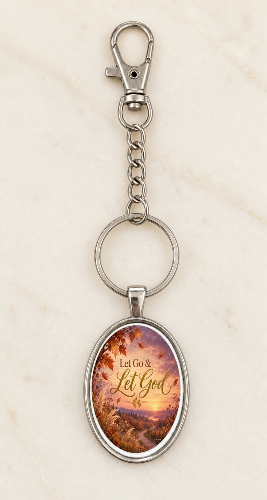 keychain, faith keychain, Christian accessory, inspirational keychain, Let Go and Let God, oval keychain, sunset design, silver-tone, gift, everyday carry,Studio7Fashion