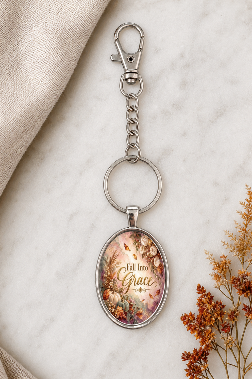 Fall Into Grace Floral Oval Keychain,Studio7Fashion