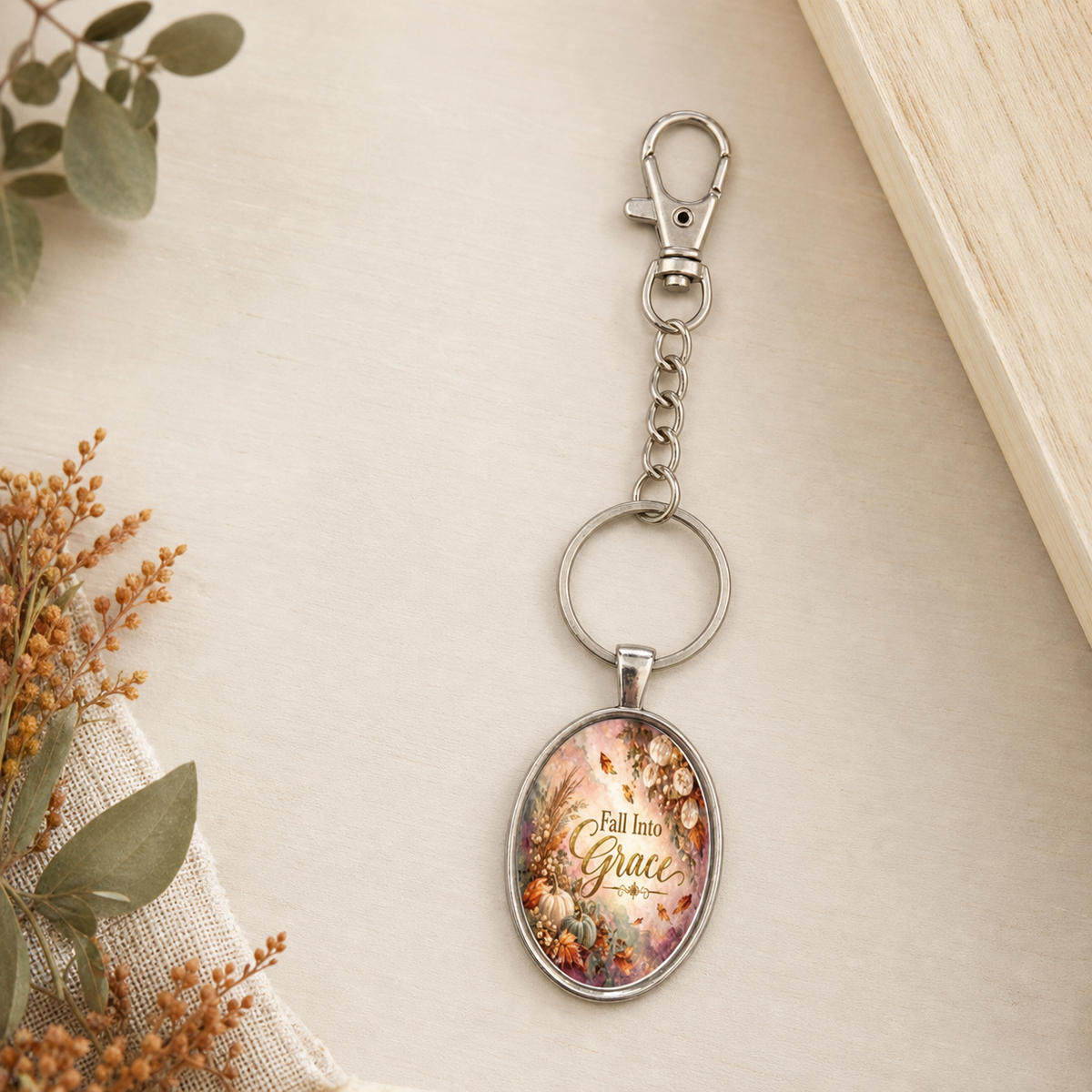 Fall Into Grace Floral Oval Keychain,Studio7Fashion