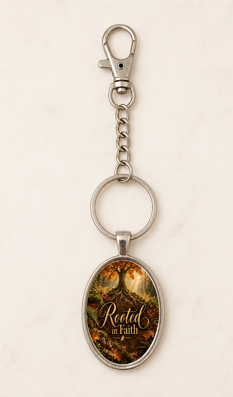 keychain, oval keychain, faith keychain, Rooted in Faith, Christian gift, faith gift, inspirational accessory, tree design, scenic artwork, silver-tone, gift,Studio7Fashion