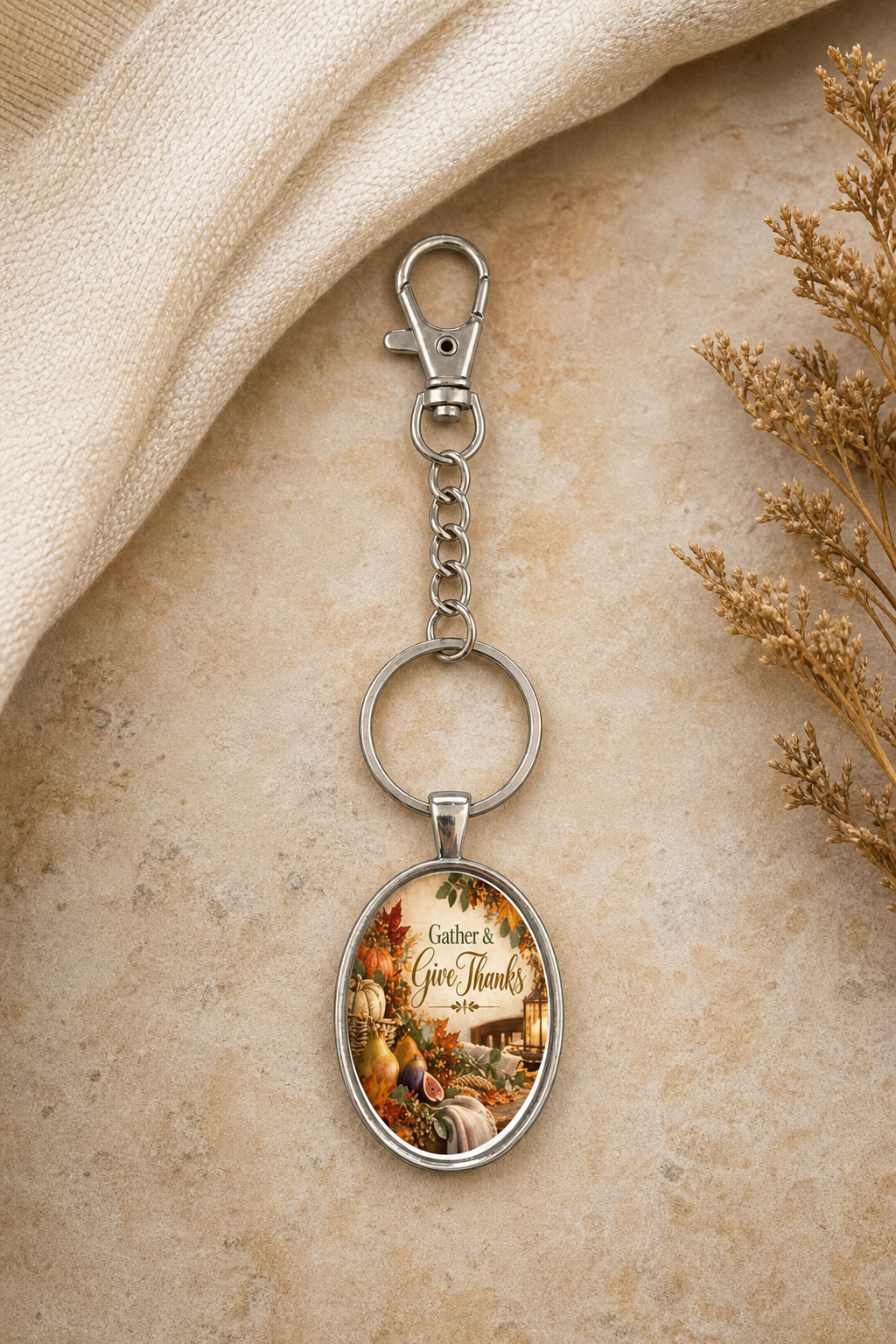 Gather & Give Thanks Harvest Oval Keychain,Studio7Fashion