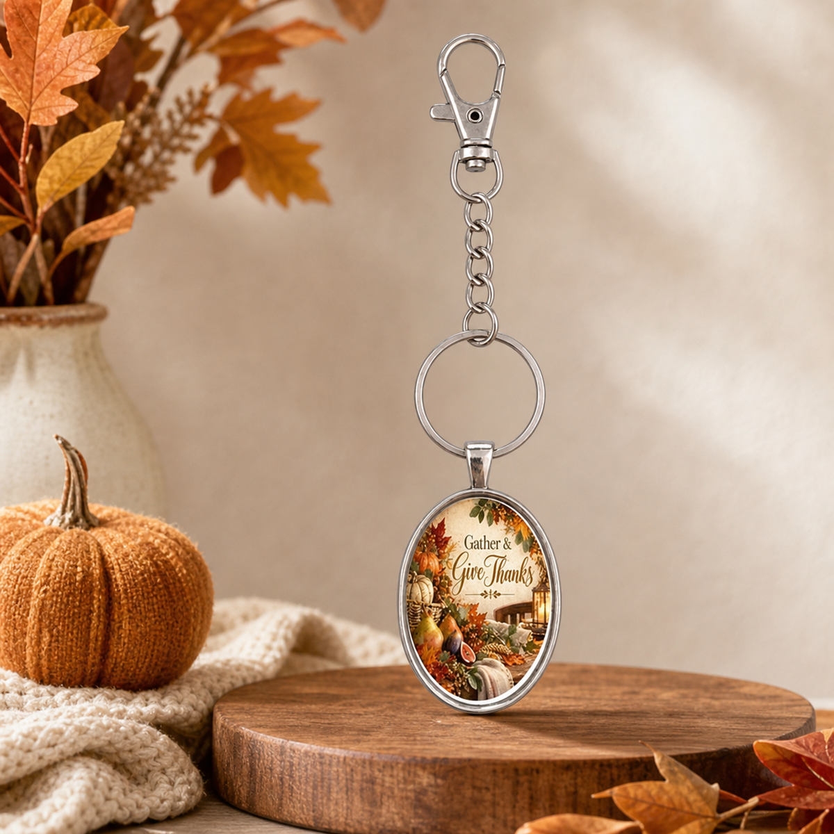 Gather & Give Thanks Harvest Oval Keychain,Studio7Fashion