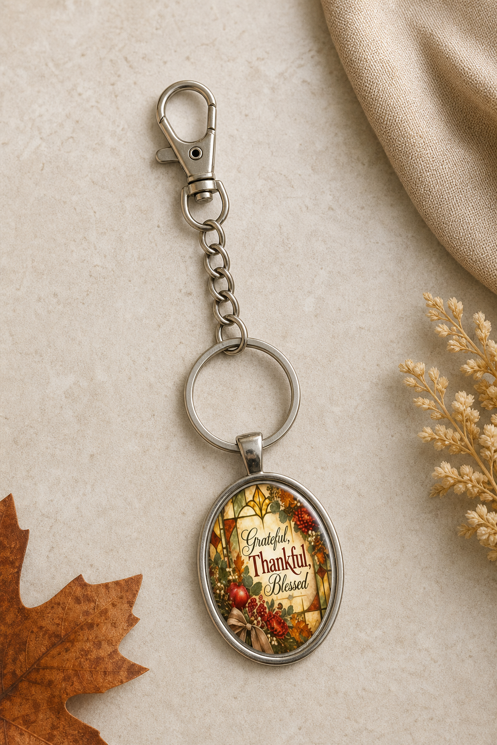 Grateful Thankful Blessed Oval Keychain,Studio7Fashion