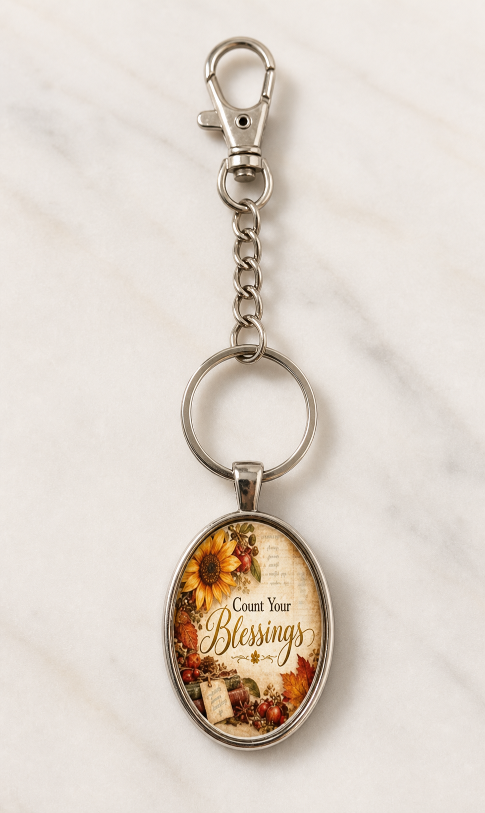 keychain, oval keychain, inspirational keychain, faith-inspired, count your blessings, floral keychain, autumn floral, harvest style, gift, everyday accessory, silver-tone,Studio7Fashion