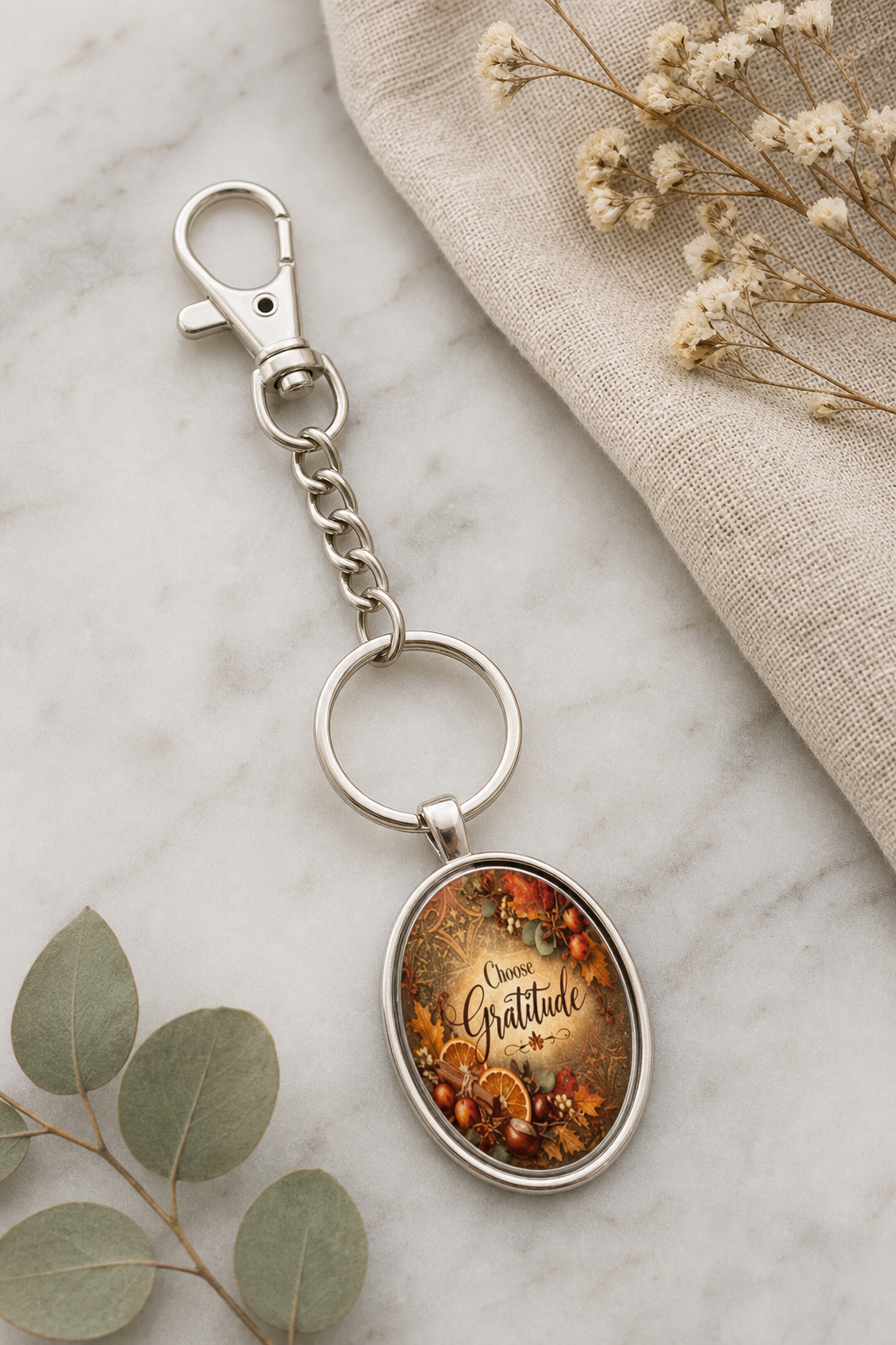 Choose Gratitude Autumn Oval Keychain,Studio7Fashion