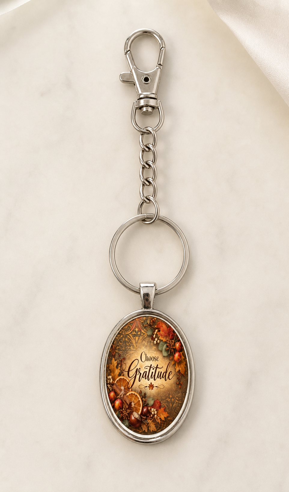 keychain, gratitude, choose gratitude, autumn, fall, botanical, floral, silver-tone, orange, brown, green, gift, everyday accessory,Studio7Fashion