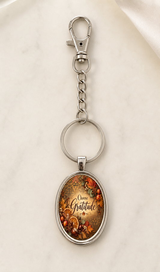 keychain, gratitude, choose gratitude, autumn, fall, botanical, floral, silver-tone, orange, brown, green, gift, everyday accessory,Studio7Fashion