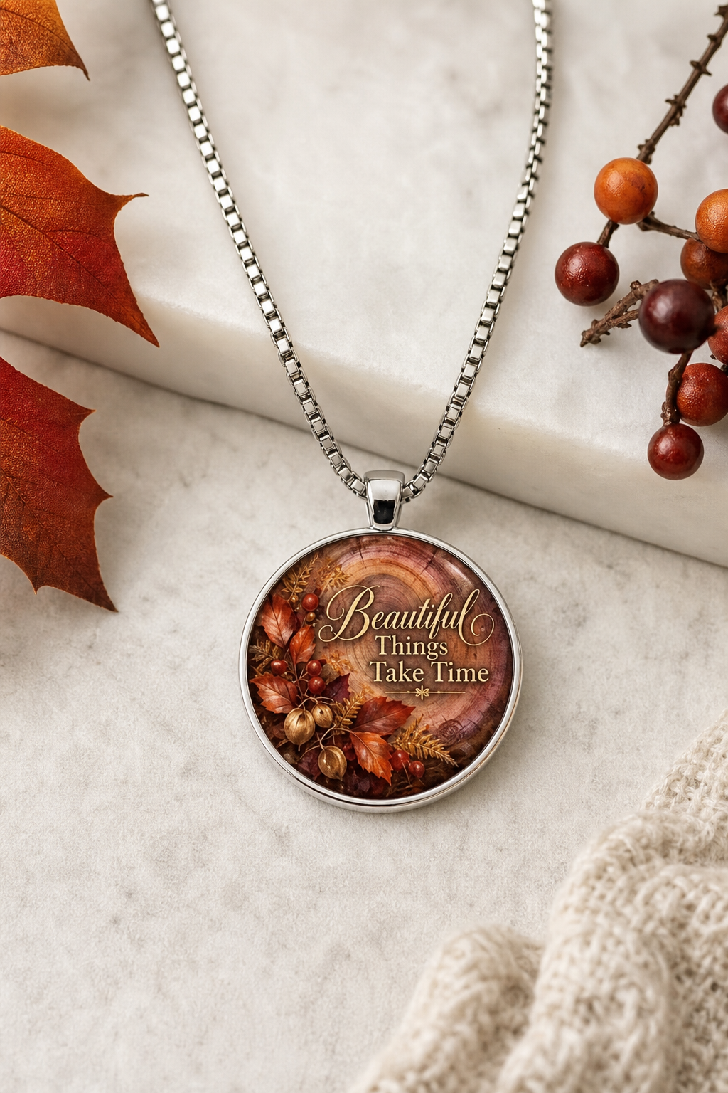Beautiful Things Take Time Autumn Floral Pendant Necklace,Studio7Fashion