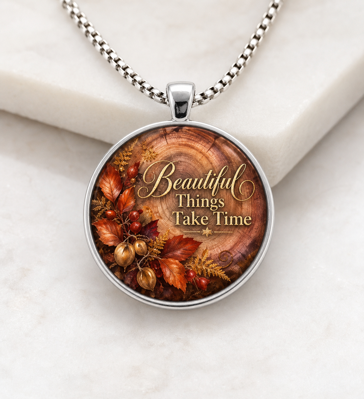 necklace, pendant necklace, autumn jewelry, floral necklace, inspirational jewelry, Beautiful Things Take Time, fall accessory, gift jewelry, everyday necklace,Studio7Fashion